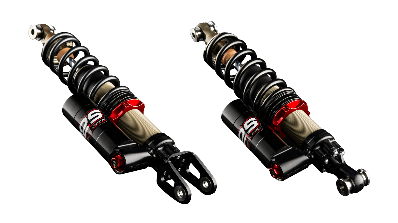 Amortisseurs P2S 3 voies MP-R avant et arriere pour Alpine A110, vue d ensemble detouree