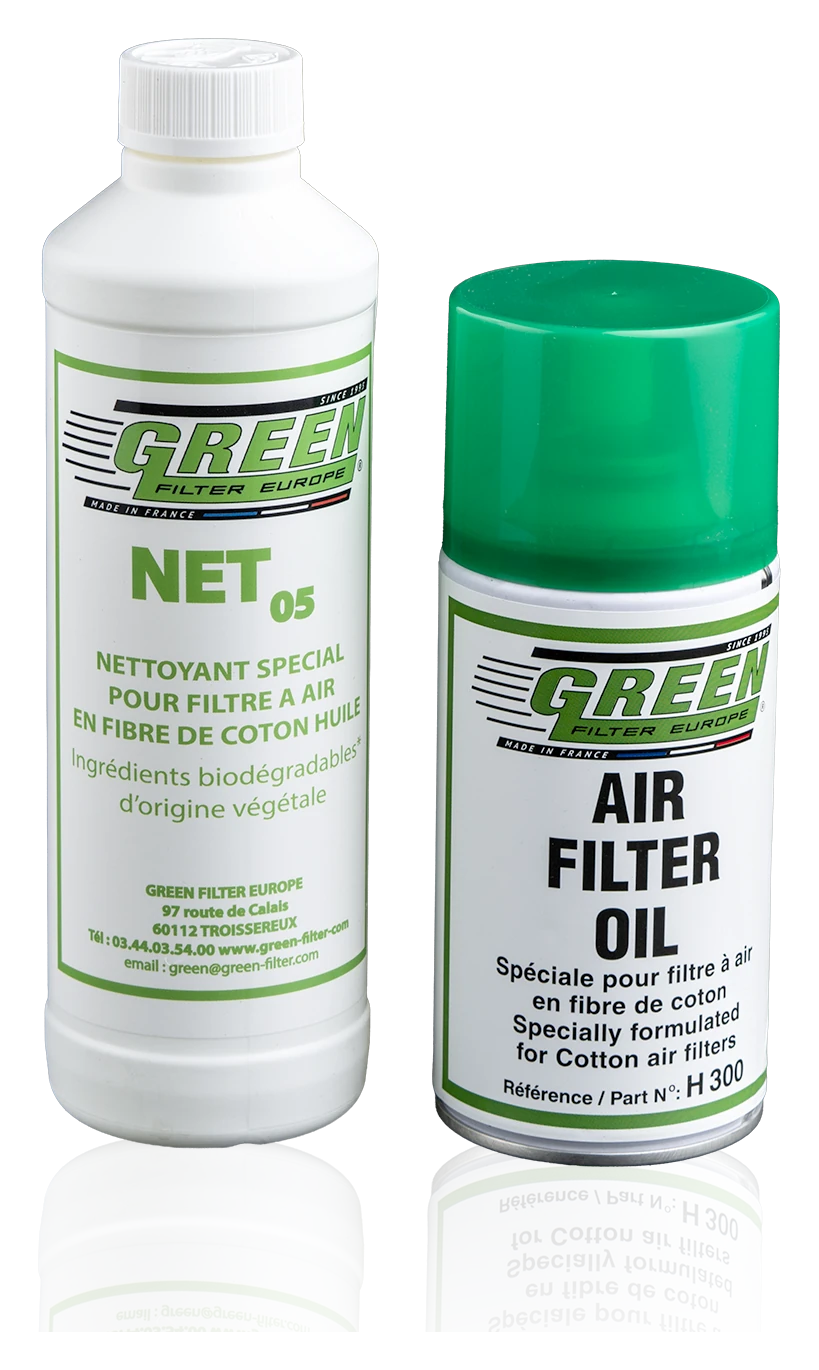 Kit d’entretien Green : nettoyant NET05 et huile Air Filter Oil pour filtre à air en coton